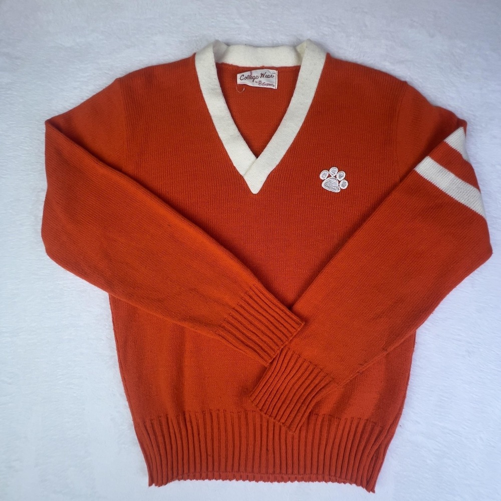 Vintage College Wear Sweater Mens Medium Orange V Neck Paw Logo Varsity Stripes